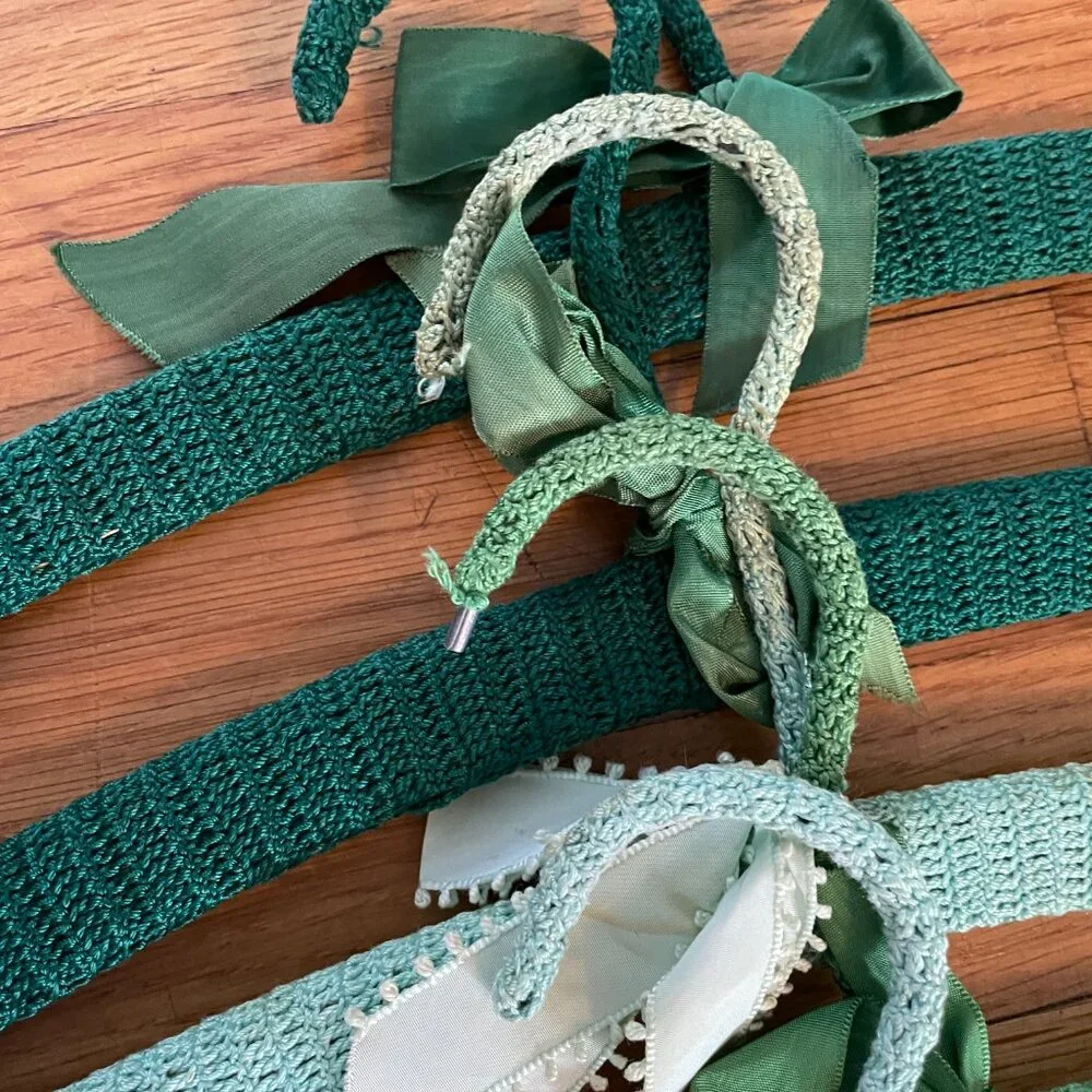 8 Green Vintage Crochet Coat Hangers-Crochet Wooden Coat Hangers-70+